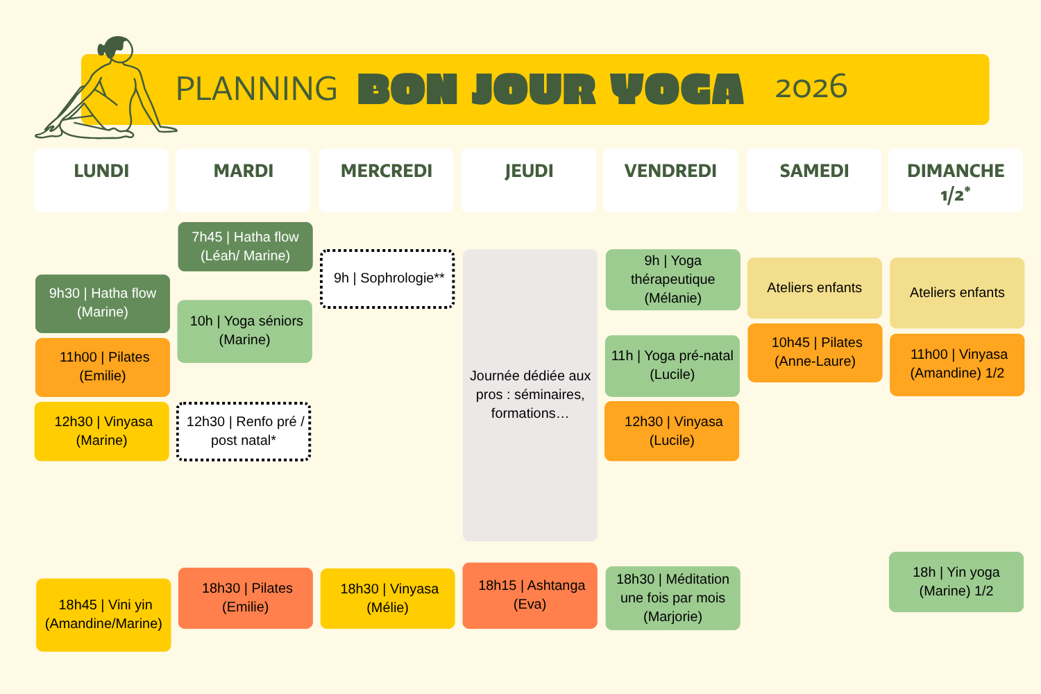 Bonjour yoga cours de yoga collectif particulier location salle entreprise pratique planning