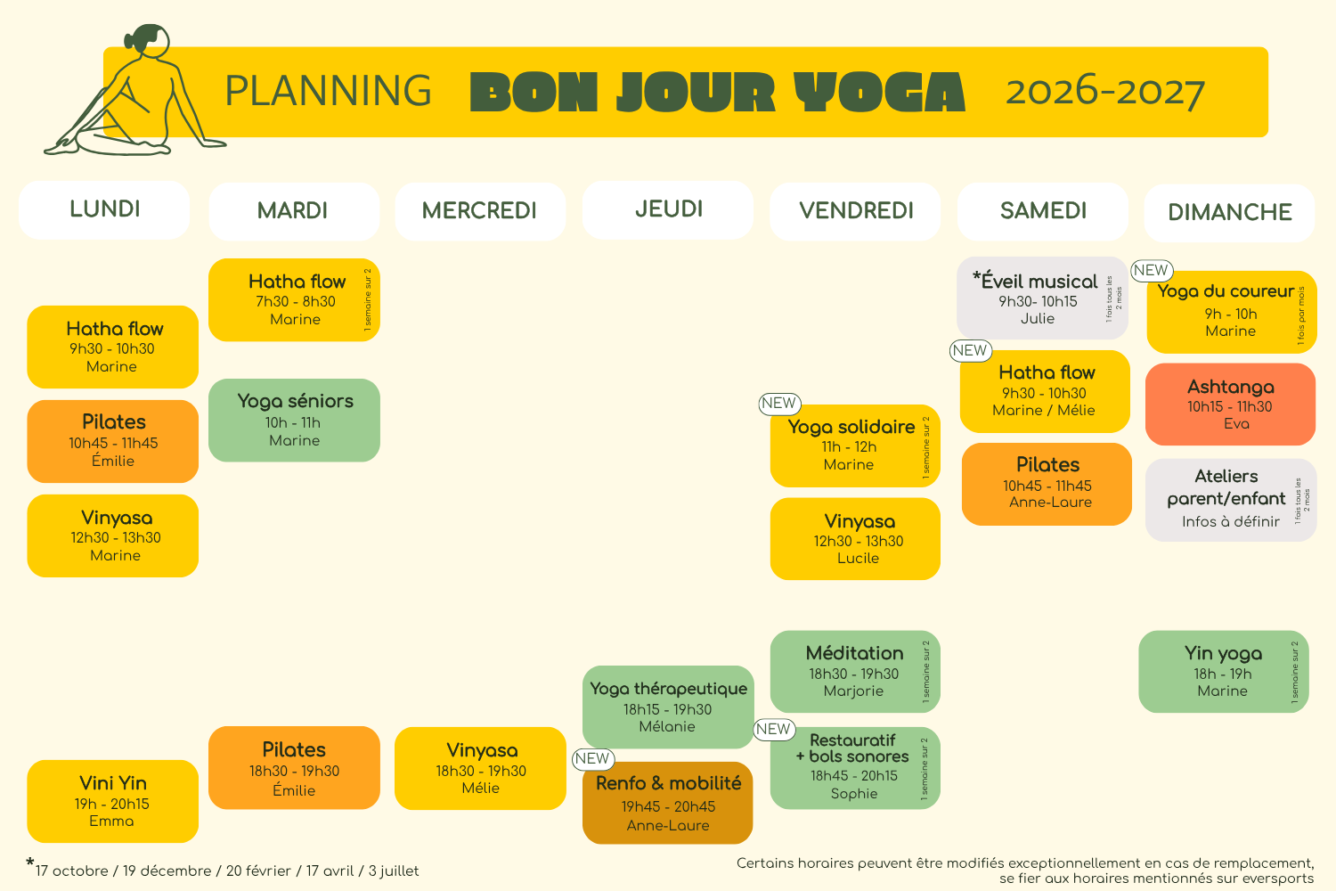 Bonjour yoga cours de yoga et pilates collectif particulier et entreprise Planning 2026-2027